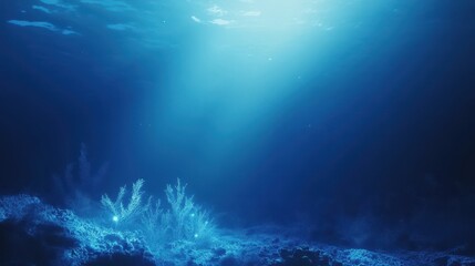 Fototapeta premium Underwater scene shows sunlight filtering through the blue ocean