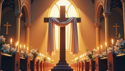 Fototapeta premium Large wooden cross adorned with white cloth, candles, and Easter lilies in a church