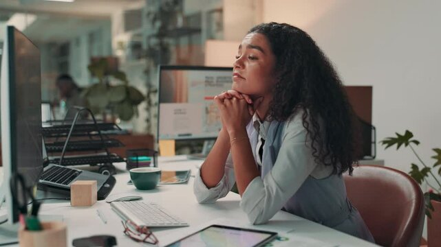 Woman, stress and thinking at computer for business, network error and waiting for connectivity. Female administrator, tech and frustrated in office with doubt, anxiety or negative review for company