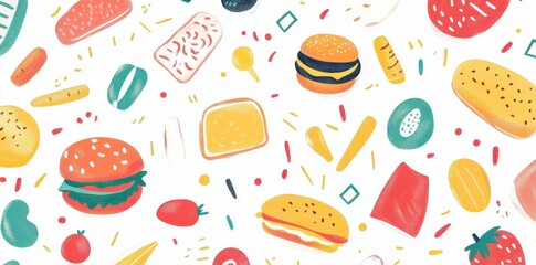 Colorful food illustration pattern with burgers and sweet treats