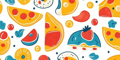Colorful cartoon style food pattern includes pizza dessert and fruit