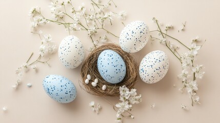 Easter eggs with sweets and flowers on beige. Happy Easter concept. White and blue eggs and cute nest with candy