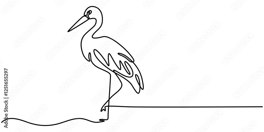 Poster continuous line drawing of stork. single continuous line drawing stork with text strok isolated on w
