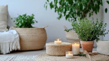 A stylish living space with carefully placed Scandinavian lifestyle products, including minimalist candles, potted greenery, and woven baskets against a neutral backdrop
