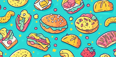Cartoon style pattern of various food items on teal background
