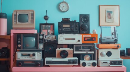 A stylish retro tech shelf full of 90s gadgets, neatly arranged cassette tapes, VHS tapes, a chunky camcorder, a discman, old-school alarm clock, pastel color backdrop, aesthetic photography
