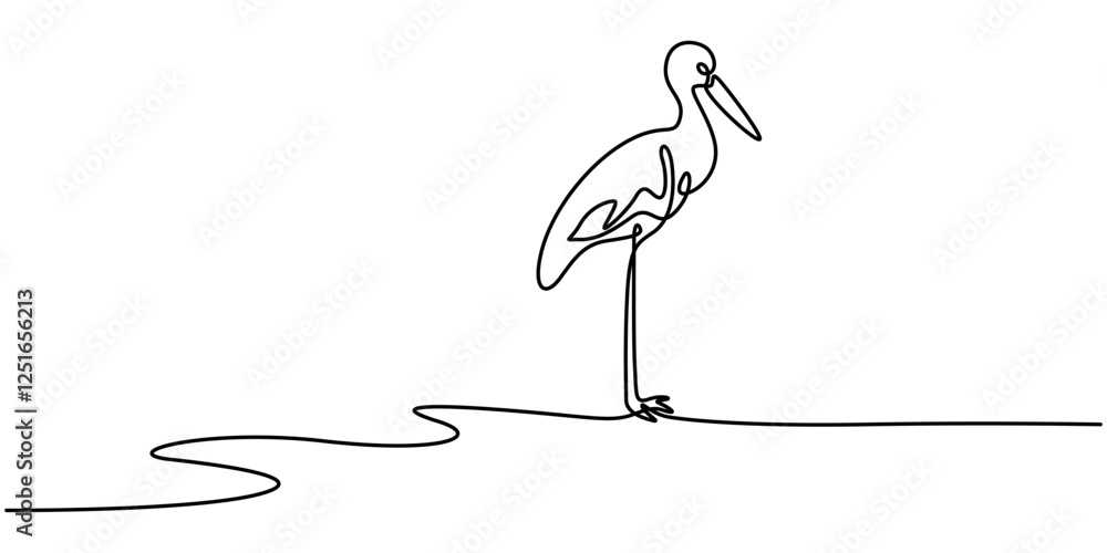 Poster continuous line drawing of stork. single continuous line drawing stork with text strok isolated on w