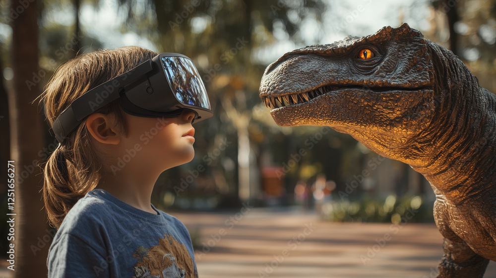 Poster child explores wildlife using augmented reality glasses, interacting with holograms of extinct anima