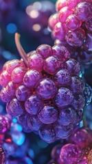 Close up shot shows a cluster of purple grapes