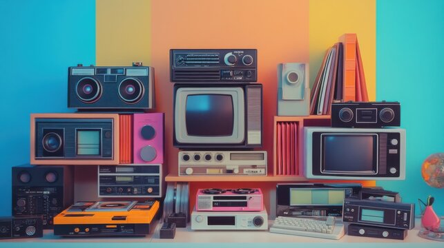 A stylish retro tech shelf full of 90s gadgets, neatly arranged cassette tapes, VHS tapes, a chunky camcorder, a discman, old-school alarm clock, pastel color backdrop, aesthetic photography