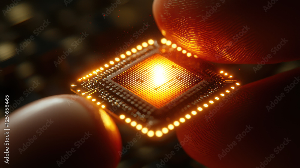 Poster close-up view of a futuristic edge computing chip held by a scientist, glowing with energy, showcasi