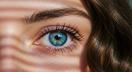 A partial face shot focusing on a single strikingly blue eye with intricate detail