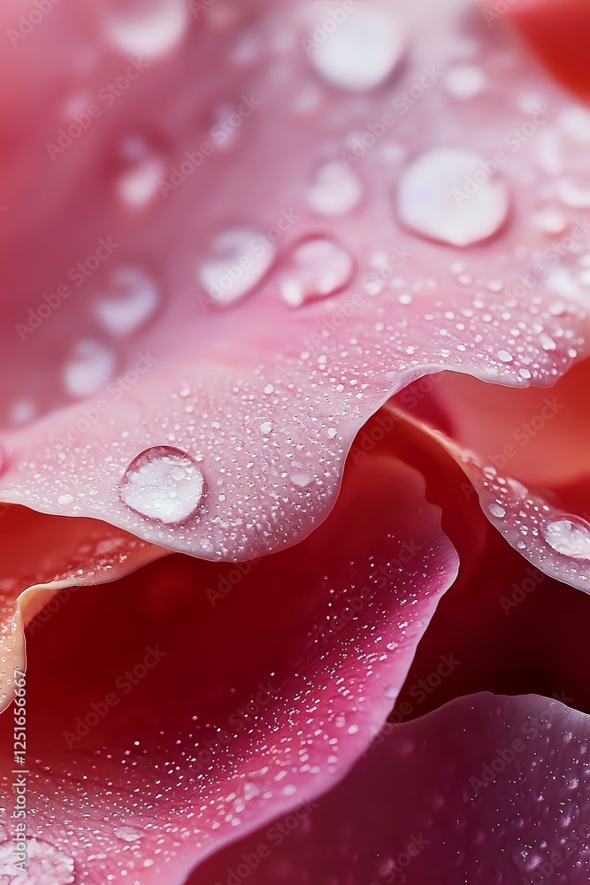 Poster macro photography of water droplets on red rose petals creating abstract curves and reflections with