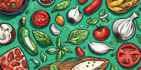 Italian ingredients and dishes are arranged on a turquoise background