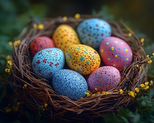 Fototapeta premium Vibrant Easter Eggs Nest Display, Perfect for Holiday Cards and Decorations – Generative AI
