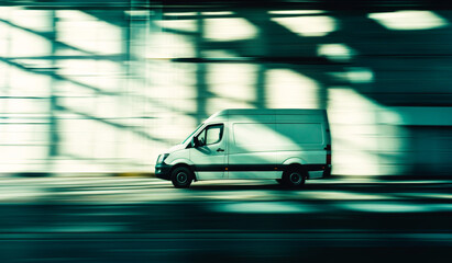 A white van is driving