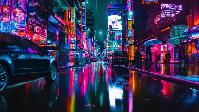 Neon Glow Cityscape with Neon Lights and Rainy Streets wiht effect filter