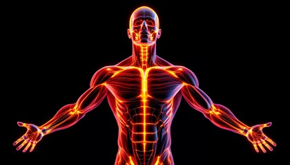 Human Anatomy_ Glowing Muscle Structure on Black Background