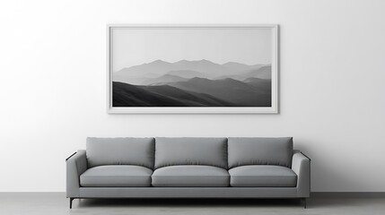 Monochromatic Mountain Landscape Above Grey Sofa