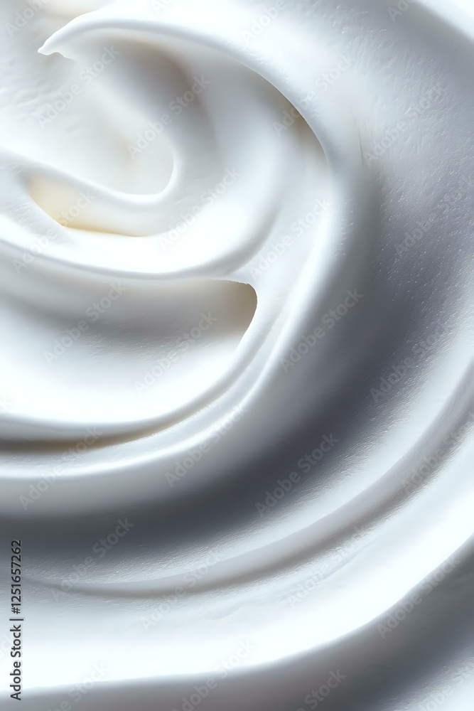 Poster smooth swirling texture of white cream or foam creating soft waves and curves, macro photography wit