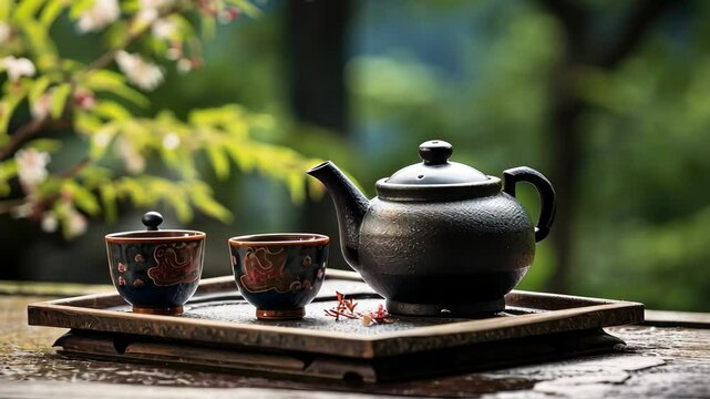A traditional Japanese tea set artfully displayed on a wooden table surrounded by nature, inviting a serene afternoon of tea ceremony and contemplation