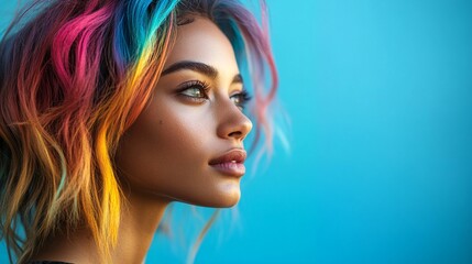 A side profile of a woman with multicolored hair.