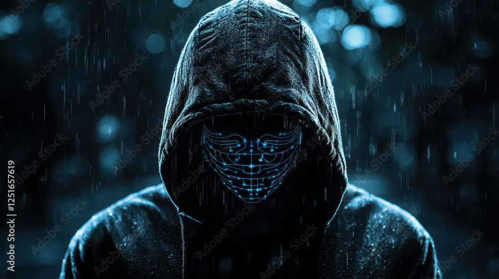 Poster cybercriminal hacking voice-activated ai system amidst glowing neural networks in a futuristic digit