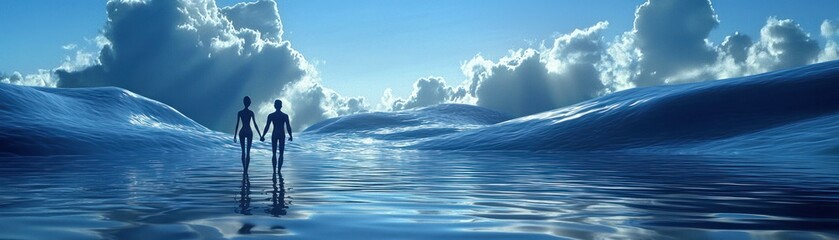Couple walking on a cloudy sea; peaceful, serene background; digital art; stock photo