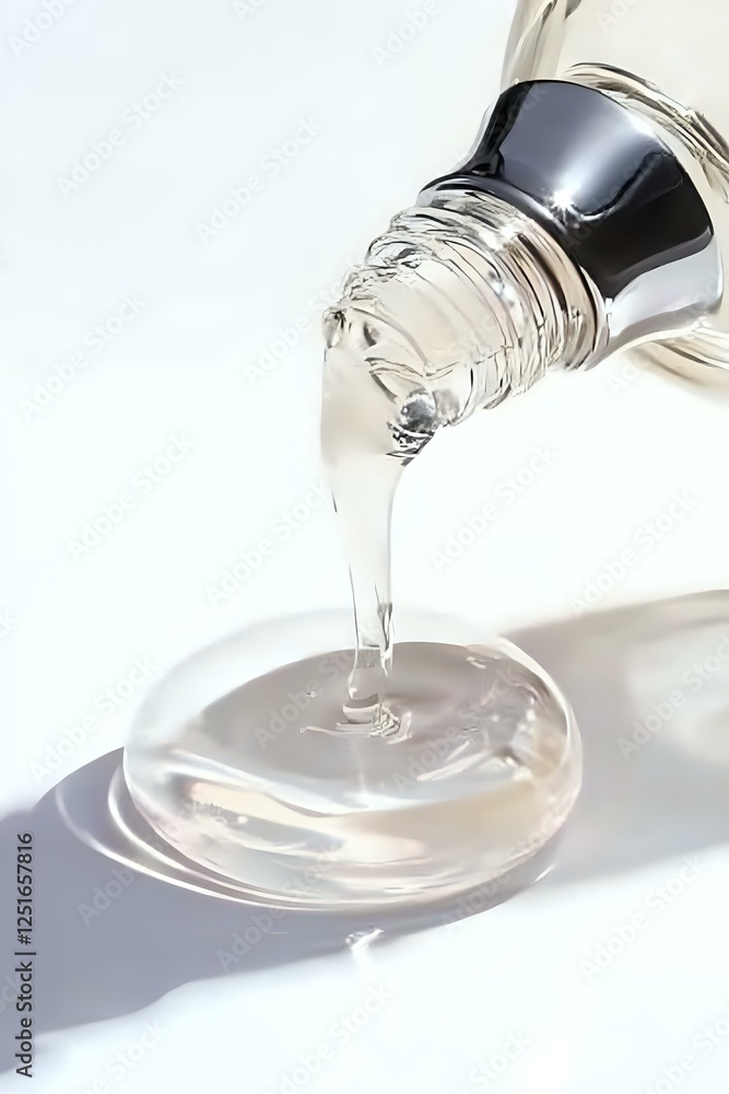Poster clear viscous liquid pouring from bottle onto glass surface creates flowing stream with shadow on wh