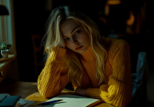 Photo of a sad-looking blonde woman in a yellow sweater sitting at a desk with her head resting on her hand