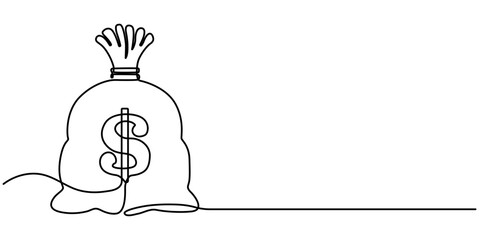 Money bag continuous one line drawing, Dollar bag continuous line drawing. Dollar linear symbol. Savings money concept. Vector illustration, Continuous one line drawing of money bag. One line drawing.