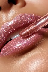 Fototapeta premium Close-up of plump lips with shimmering pink gloss being applied with metallic applicator wand, showcasing sparkly, glossy texture for cosmetic and beauty advertising.