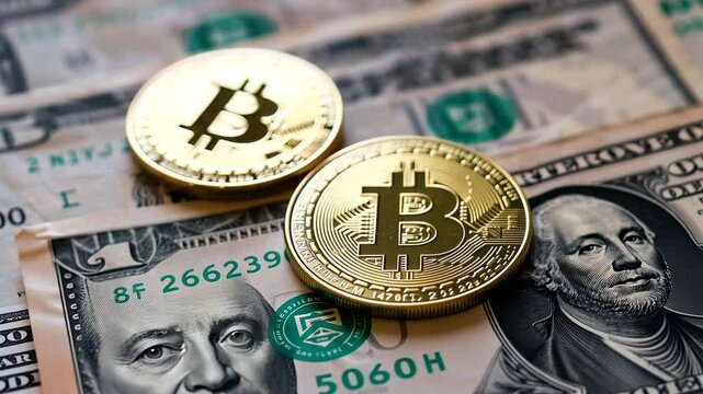 Bitcoin coins resting on top of US dollar bills represent the intersection of cryptocurrency and traditional finance in a modern economic setting