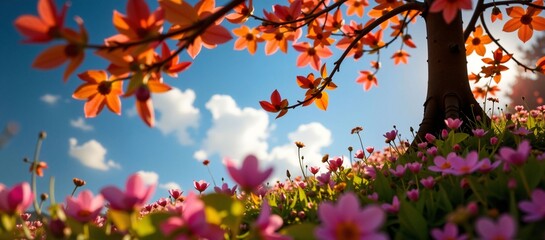 Fototapeta premium Blooming tree with pink flowers blooming below