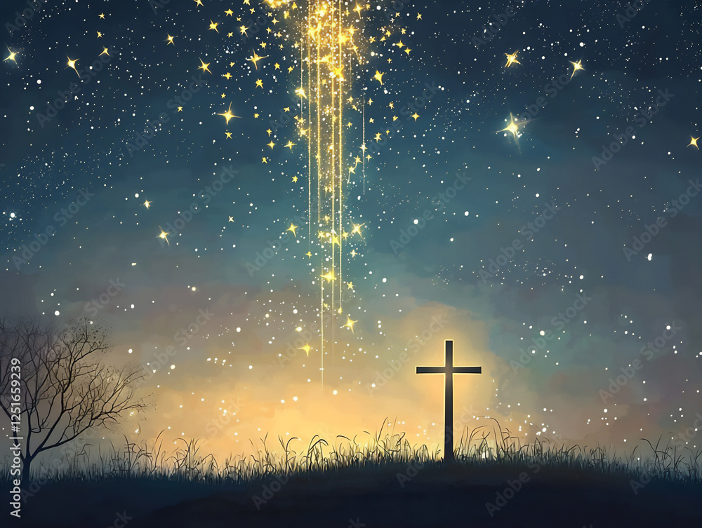 Poster P Realistic digital art of a cross with stars