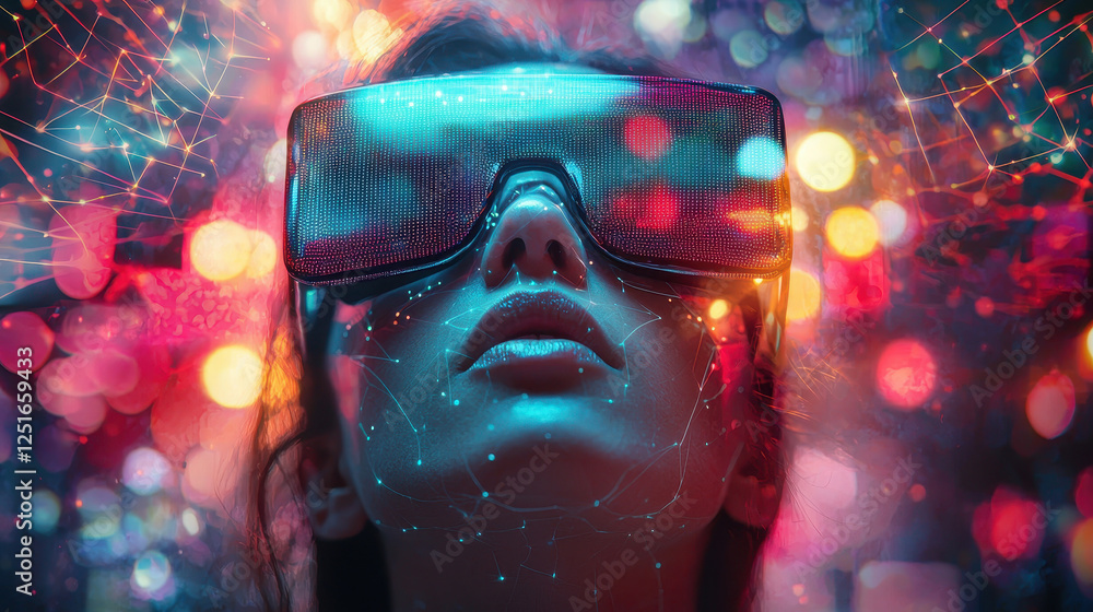 Poster futuristic virtual influencer with glowing neural patterns in a cyber world showcasing hyper-realism