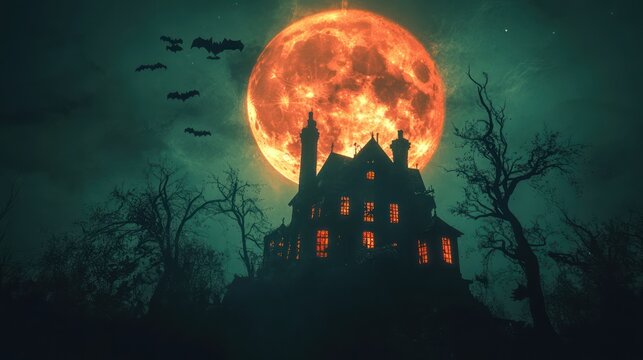 Haunted House, Blood Moon, Bats, Halloween, Night - Powered by Adobe