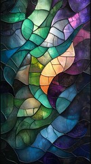 Abstract stained glass window with swirling patterns and colors.