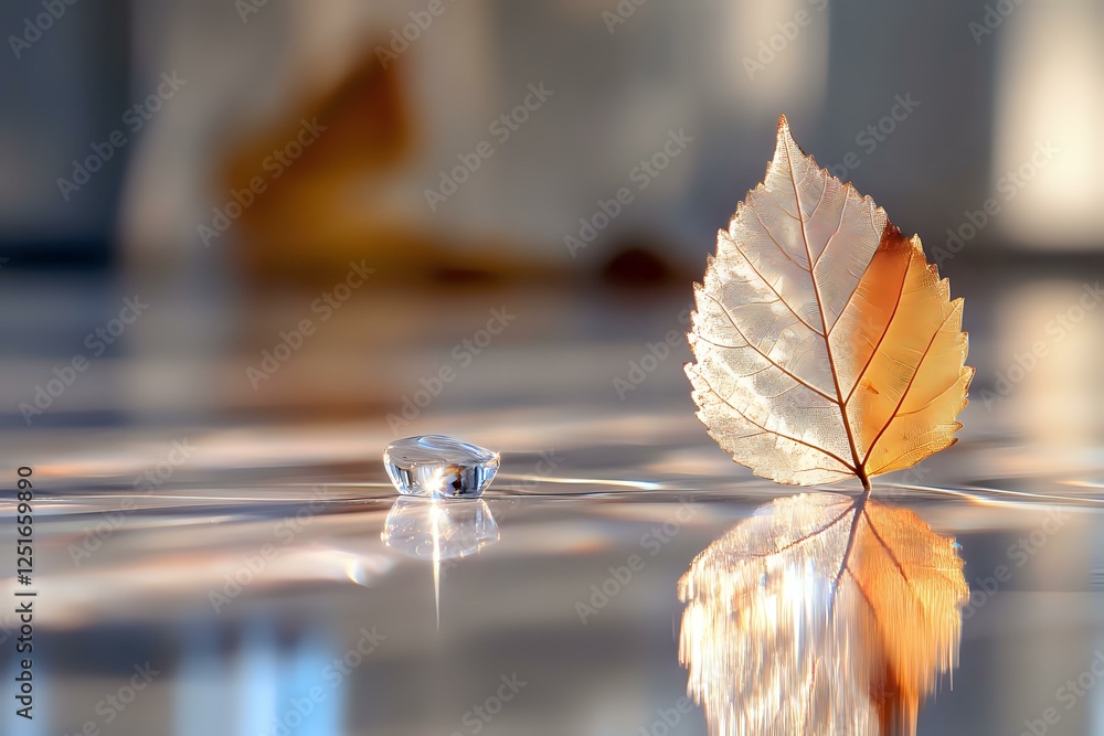 Poster delicate autumn birch leaf floating on water surface with droplet creating mirror reflection in soft