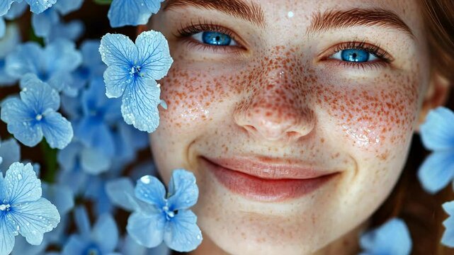 A beautiful young woman with blue flowers around her face, freckles on her skin, and a big smile. This image represents the concept of beauty for spa or cosmetic advertising.