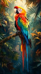 Fototapeta premium A vibrant parrot perches on a branch amidst lush greenery.