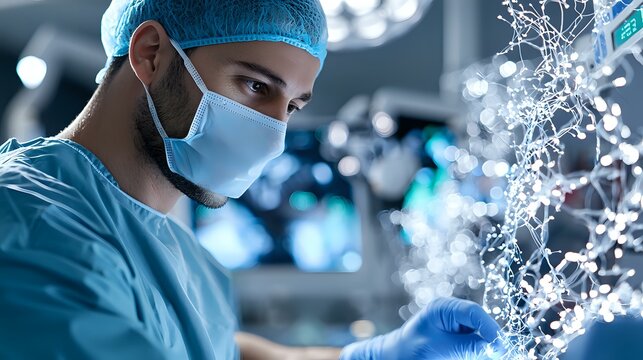 Middle Eastern male surgeon in scrubs examining DNA structure hologram in modern operating room with blue lighting and medical technology background.