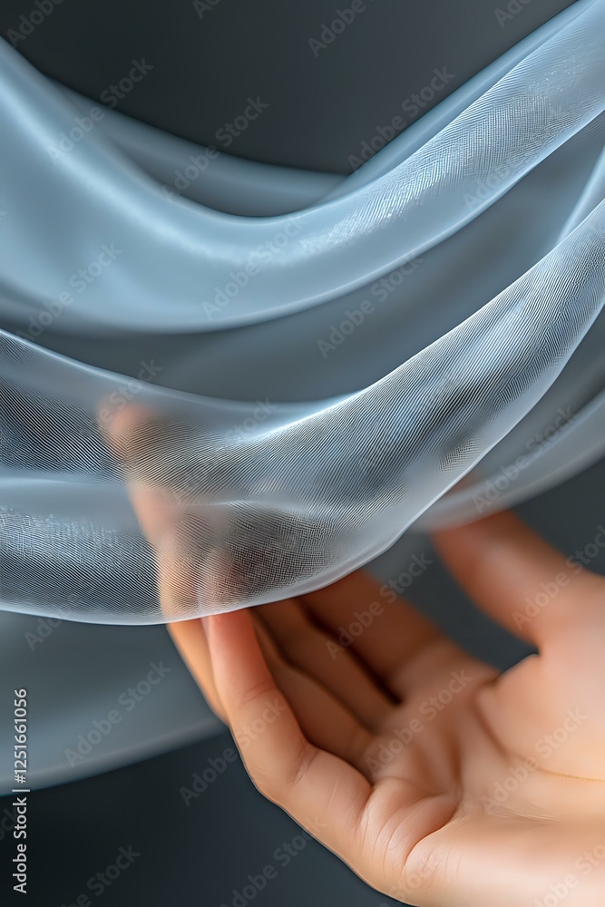 Poster delicate sheer fabric floating above an outstretched hand creates ethereal movement and gentle curve