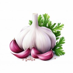 Fresh Garlic Bulbs with Cloves and Green Herbs on a Bright Background for Culinary Illustration