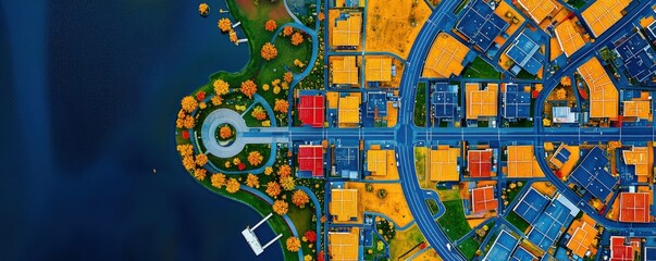 Obraz premium Aerial view of colorful urban landscape with water and greenery.