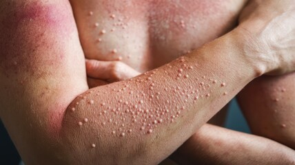 Severe Sunburn with  Numerous Blisters: A Close-Up View of Sun Damaged Skin