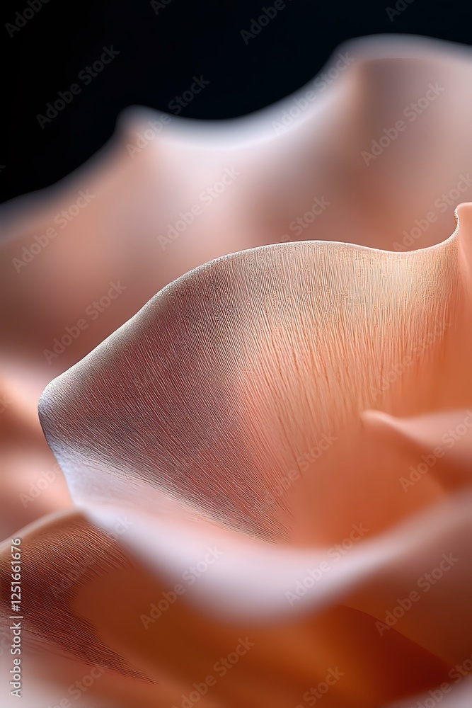 Poster delicate peach-colored rose petal macro showing soft curves and fine textural details in gentle ligh