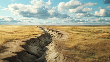 A symbolic image of climate change, with deep fissures running through the ground of a former wetland, now transformed into a barren, dry grassland