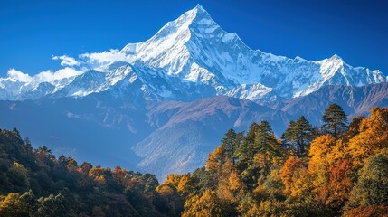 Majestic Himalayan peak autumn foliage, clear sky, travel poster © afif
