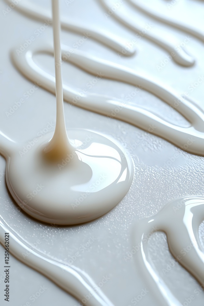 Poster flowing white liquid drops and streams creating abstract patterns on light surface, macro photograph